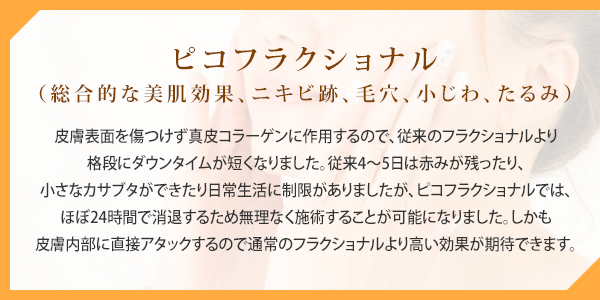 ピコフラクショナル（総合的な美肌効果、ニキビ跡、毛穴、小じわ、たるみ）